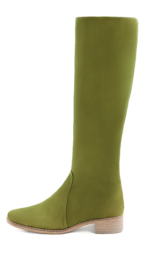 Pistachio green women's riding knee-high boots. Round toe. Low leather soles. Made to measure. Profile view - Florence KOOIJMAN